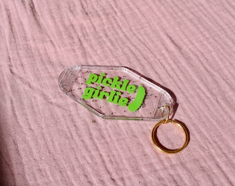 Pickle Girlie Motel Keychain Retro Style- Perfect Gift for Pickle Lover, Funny White Elephant Holiday Gift for Keys, Bag, Lanyard