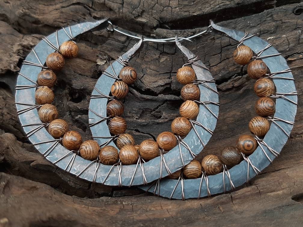 Wooden Hoop Earrings Rustic Beaded Hoops For Women And Girls Etsy