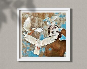 Collage art, fine art print or poster. Portrait of a woman with pigeons, struggling for liberation and peace