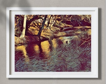 The lake. Wall art, photo painting, golden shimmer, reflecting trees, mysterious forest, home decor, fine art print or poster