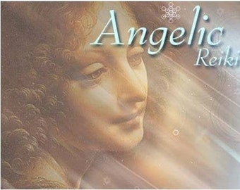 May include: A painting of a woman with long brown hair, looking down and to the right. The background is a soft, light brown with a faint, white, swirling pattern. The text "Angelic Reiki" is in the upper right corner of the image.
