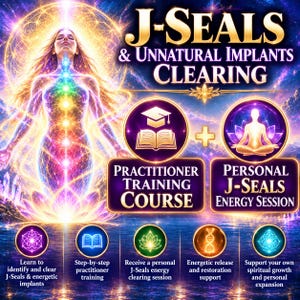 May include: A digital graphic titled J-SEALS & UNNATURAL IMPLANTS CLEARING featuring a glowing human figure with chakra points, a practitioner training course icon, a personal energy session icon, and five circular icons with descriptive text.