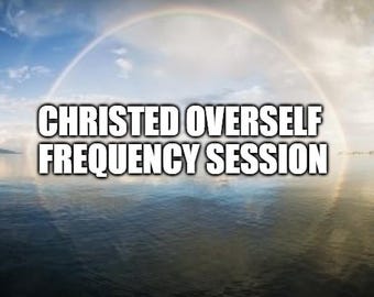 May include: A rainbow arches over a body of water with the text "Christened Overself Frequency Session" in white letters.