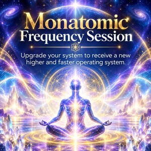 May include: A digital graphic featuring the text "Monatomic Frequency Session" and "Upgrade your system to receive a new higher and faster operating system." A glowing human figure sits in a lotus position surrounded by cosmic light and crystals.