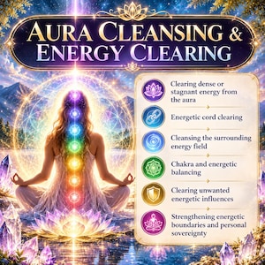 May include: A digital graphic titled Aura Cleansing & Energy Clearing featuring a person meditating in a lotus position. A vertical column of seven glowing chakra symbols aligns with the spine. A list of six services is displayed on the right.
