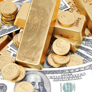 K&ouml;nnte beinhalten: Ein Goldbarren mit der Aufschrift "FINE GOLD 999.9", umgeben von Stapeln von US-Dollar-Scheinen und Goldm&uuml;nzen.