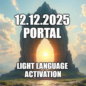 May include: A digital art image depicts a stone archway with the text "12.12.2025 PORTAL LIGHT LANGUAGE ACTIVATION" in white. The archway frames a bright light, set against a backdrop of mountains and a cloudy sky.