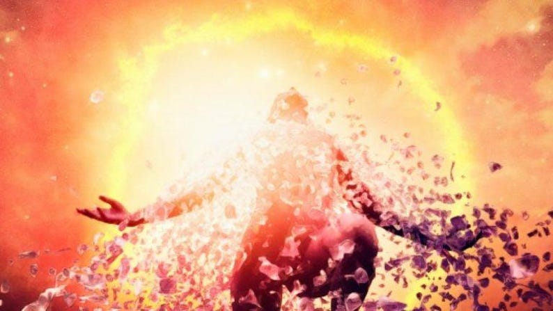 May include: A person with arms outstretched, surrounded by a swirling cloud of white and pink particles, against a bright orange and yellow background.