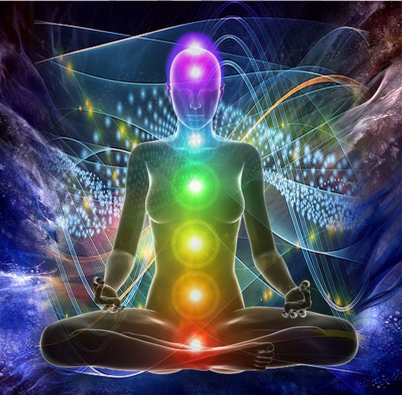 May include: A person meditating with a glowing aura of seven chakras, each representing a different color of the rainbow. The chakras are located at the base of the spine, sacrum, solar plexus, heart, throat, third eye, and crown.