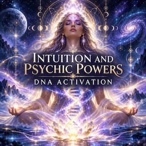 Könnte beinhalten: Eine digitale Illustration einer Person in meditativer Haltung mit geschlossenen Augen, umgeben von kosmischen Elementen, einem leuchtenden DNA-Strang und einer Lotusblüte. Der Text lautet: INTUITION AND PSYCHIC POWERS DNA ACTIVATION.
