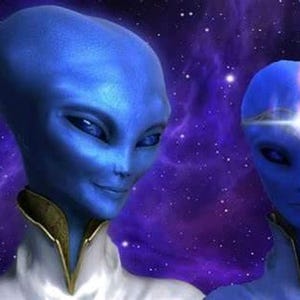 May include: Two blue-skinned alien beings with large eyes and white clothing. The alien on the right has a glowing white headband.