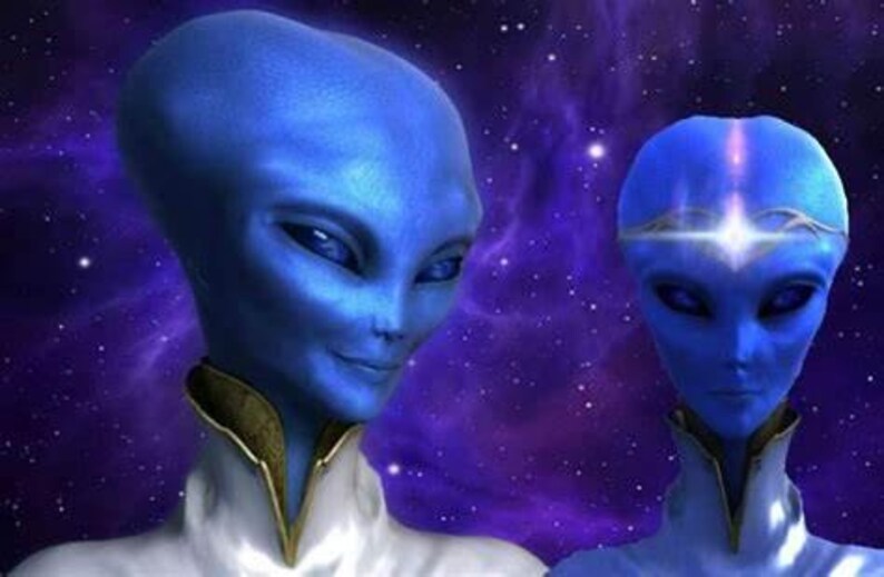 May include: Two blue-skinned alien beings with large eyes and white clothing. The alien on the right has a glowing white headband.