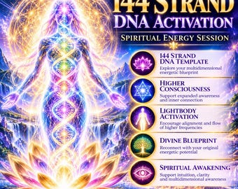 May include: A digital graphic titled 144 Strand DNA Activation Spiritual Energy Session. It features a glowing human figure with a double helix structure, surrounded by a lotus flower and waterfall. Five circular icons list benefits.