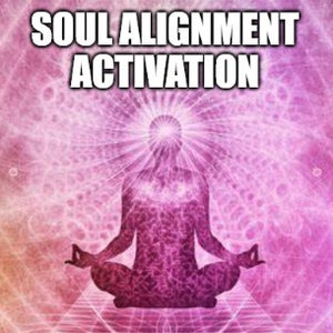 May include: A silhouette of a person meditating with a bright light shining from their head. The background is a swirling pattern of pink, purple, and white. The text "SOUL ALIGNMENT ACTIVATION" is at the top of the image.