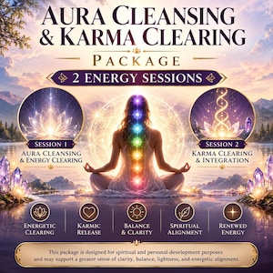 Könnte beinhalten: Eine digitale Grafik mit dem Titel Aura Cleansing & Karma Clearing Package, die zwei Energiesitzungen umfasst. Das Bild zeigt eine Person in meditativer Haltung mit sieben leuchtenden Chakrapunkten entlang der Wirbelsäule, umgeben von Lotusblumen und Kristallen.