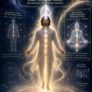 May include: A digital illustration of a person in white clothing floating within a glowing golden energy field. Text overlays include MONATOMIC HEALING SESSION, SYSTEM UPGRADE IN PROGRESS 87%, OLD SYSTEM: CHAKRA TWO-WAY PORTAL SYSTEM, and NEW SYSTEM: HIGHER FREQUENCY OPERATING SYSTEM.