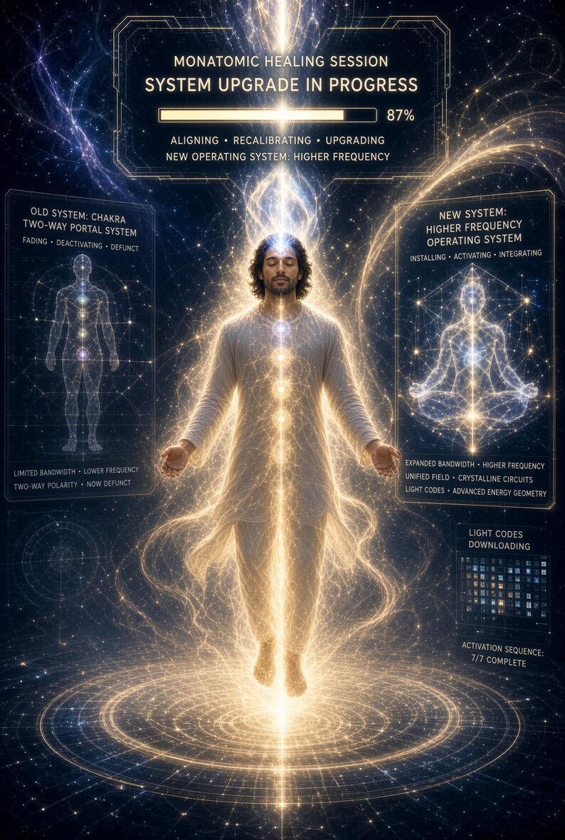 May include: A digital illustration of a person in white clothing floating within a glowing golden energy field. Text overlays include MONATOMIC HEALING SESSION, SYSTEM UPGRADE IN PROGRESS 87%, OLD SYSTEM: CHAKRA TWO-WAY PORTAL SYSTEM, and NEW SYSTEM: HIGHER FREQUENCY OPERATING SYSTEM.