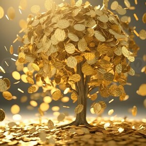 K&ouml;nnte beinhalten: Ein goldener Baum mit Bl&auml;ttern aus M&uuml;nzen, umgeben von einem Haufen Goldm&uuml;nzen. Der Baum wird von einem hellen Licht beleuchtet, und M&uuml;nzen fallen vom Himmel.