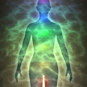 May include: A digital illustration of a human silhouette centered against a dark background. The figure is surrounded by a glowing, ethereal aura of swirling light in shades of blue, green, yellow, and red, radiating outward from the body.