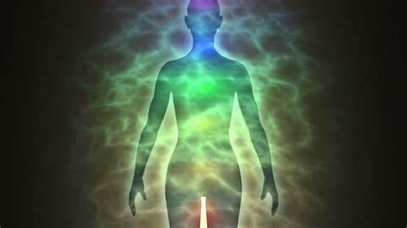 May include: A digital illustration of a human silhouette centered against a dark background. The figure is surrounded by a glowing, ethereal aura of swirling light in shades of blue, green, yellow, and red, radiating outward from the body.