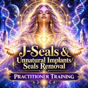 May include: A digital illustration featuring a person with closed eyes and glowing light emanating from their chest, surrounded by DNA strands, planets, and crystals. The text reads J-Seals & Unnatural Implants/Seals Removal PRACTITIONER TRAINING.