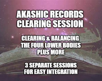 May include: An open book with a pink and purple starry sky background. The text on the book reads "Akashic Records Clearing Session", "Clearing & Balancing The Four Lower Bodies Plus More", and "3 Separate Sessions For Easy Integration".