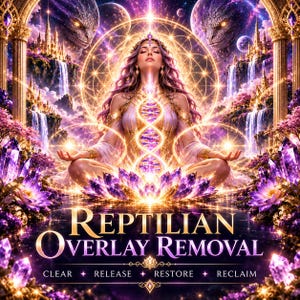 May include: A digital illustration featuring a person meditating in a lotus position, surrounded by purple lotus flowers, crystals, and waterfalls. Above, two large reptilian faces appear in a cosmic sky. Text reads: REPTILIAN OVERLAY REMOVAL CLEAR RELEASE RESTORE RECLAIM.