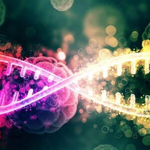 May include: A glowing double helix DNA strand rendered in vibrant shades of pink, orange, and yellow, set against a dark, bokeh-filled background with abstract cellular structures and floating particles of light creating a scientific visual effect.