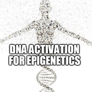 May include: A white background with a stylized image of a human figure made of small dots. The figure is reaching out with its arms. Below the figure is a double helix DNA strand, also made of small dots. The text "DNA ACTIVATION FOR EPIGENETICS" is below the DNA strand.