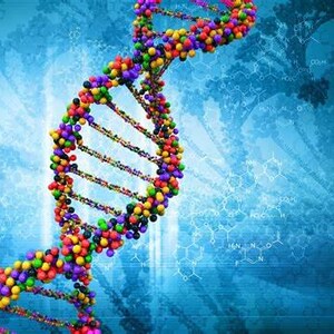 May include: A three-dimensional double helix structure composed of multicolored spheres representing DNA, set against a blue background featuring faint, white, translucent chemical molecular diagrams and structural patterns.
