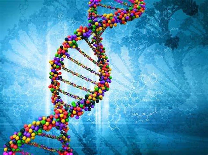 May include: A three-dimensional double helix structure composed of multicolored spheres representing DNA, set against a blue background featuring faint, white, translucent chemical molecular diagrams and structural patterns.