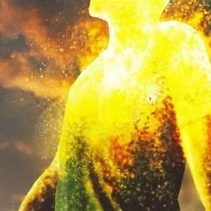 May include: A digital illustration of a human silhouette composed of vibrant yellow and orange flames, with particles of light and embers dissipating into a dark, smoky atmosphere. The figure is shown from the chest up, facing upward.