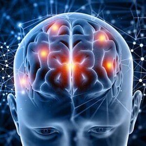 May include: A digital illustration of a human head silhouette featuring a detailed brain with glowing orange light points. The background consists of a dark blue network of interconnected nodes and lines representing neural pathways and data connectivity.