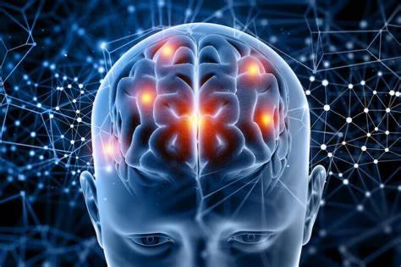 May include: A digital illustration of a human head silhouette featuring a detailed brain with glowing orange light points. The background consists of a dark blue network of interconnected nodes and lines representing neural pathways and data connectivity.