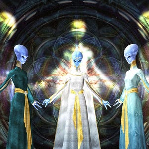 May include: Three blue-skinned figures in long robes stand in a circle. The figure in the center wears a white robe with gold trim, while the figures on either side wear teal and blue robes with gold trim. The background is a swirling pattern of colors and lights.