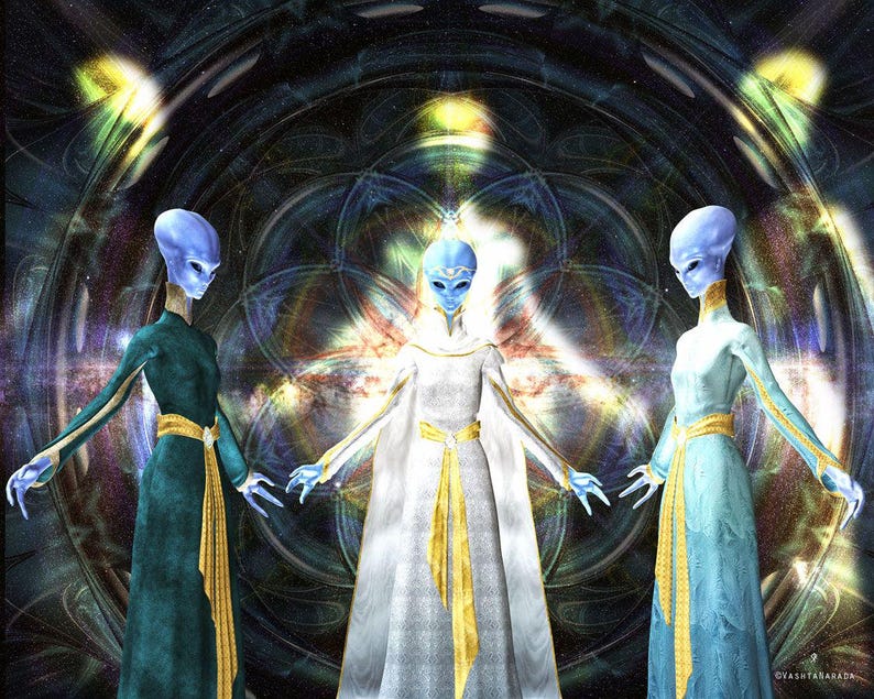 May include: Three blue-skinned figures in long robes stand in a circle. The figure in the center wears a white robe with gold trim, while the figures on either side wear teal and blue robes with gold trim. The background is a swirling pattern of colors and lights.