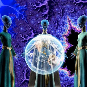 May include: Three blue humanoid figures stand against a swirling purple and blue background. The central figure is surrounded by a glowing orb, while the figures on either side wear long, flowing robes.