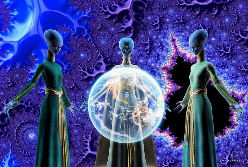 May include: Three blue humanoid figures stand against a swirling purple and blue background. The central figure is surrounded by a glowing orb, while the figures on either side wear long, flowing robes.
