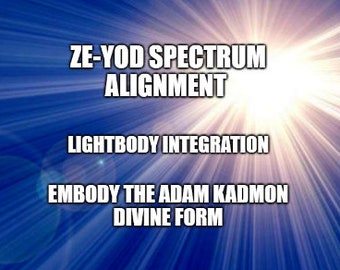Puede incluir: Una imagen azul y blanca con una luz blanca brillante en el centro. El texto "ZE-YOD SPECTRUM ALIGNMENT" está en la parte superior de la imagen. El texto "LIGHTBODY INTEGRATION" está en el medio de la imagen. El texto "EMBODY THE ADAM KADMON DIVINE FORM" está en la parte inferior de la imagen.