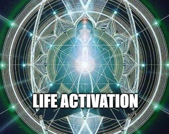 May include: A digital art image of a person sitting in a lotus position with a glowing light emanating from their chest. The person is surrounded by a geometric pattern of circles and lines in shades of green and blue. The text "LIFE ACTIVATION" is written in bold white letters at the bottom of the image.