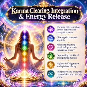 May include: A digital graphic titled Karma Clearing, Integration & Energy Release featuring a person meditating in a lotus position with glowing chakra points along their spine, surrounded by a lotus flower, crystals, and a list of six benefits.