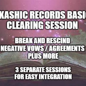 Op de afbeelding: Een open boek met een roze en paarse sterrenhemel op de achtergrond. De tekst op het boek luidt "Akashic Records Basic Clearing Session", "Break and Rescind Negative Vows/Agreements Plus More" en "3 Separate Sessions for Easy Integration."