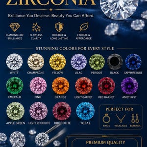 Puede incluir: Un gráfico promocional de circonita cúbica con una gran piedra facetada en la parte superior, seguido de una cuadrícula de diecisiete piedras de colores etiquetadas como blanco, champán, amarillo, lila, peridoto, negro, azul zafiro, esmeralda, rosa, naranja, granate claro, granate rojo, amatista, verde manzana, rodolita clara, rodolita y topacio.