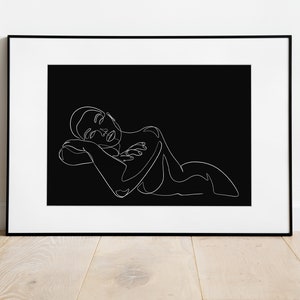 May include: A black and white line drawing of a person lying down with their head resting on their arm. The drawing is on a black background.