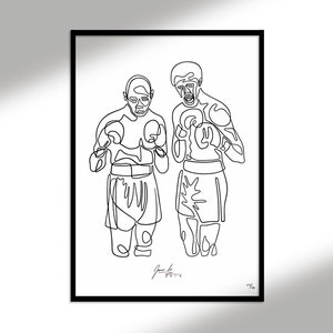 Peut inclure: Un dessin au trait noir et blanc de deux boxeurs se faisant face en position de combat. Les boxeurs sont dessinés en un seul trait continu.