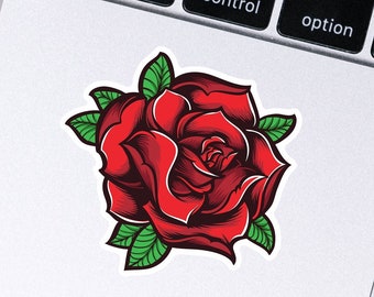 Red Rose Sticker – Vinyl Decal – American Traditional Tattoo Style – Retro Rose Sticker for Skateboard, Laptop, Water Bottle – Gift Idea