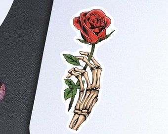 Skeleton Hand Holding Rose Sticker, Gothic Vinyl Decal for Laptop, Dark Aesthetic Tattoo Art, Edgy Floral Gift for Water Bottle