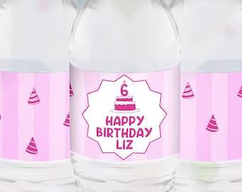 Pink Birthday Water Bottle Labels, Personalized Girls Birthday, Waterproof Stickers for Bday Party Favors