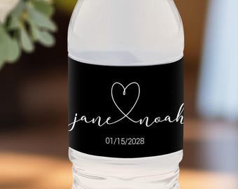 Modern Black Wedding Water Bottle Labels, Minimalist Wedding Favors, Chic Black & White Wedding Decor