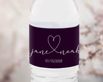 Dark Purple Wedding Water Bottle Labels, Plum Wedding Favors, Custom Drink Labels for Reception, Engagement Party Favor Labels